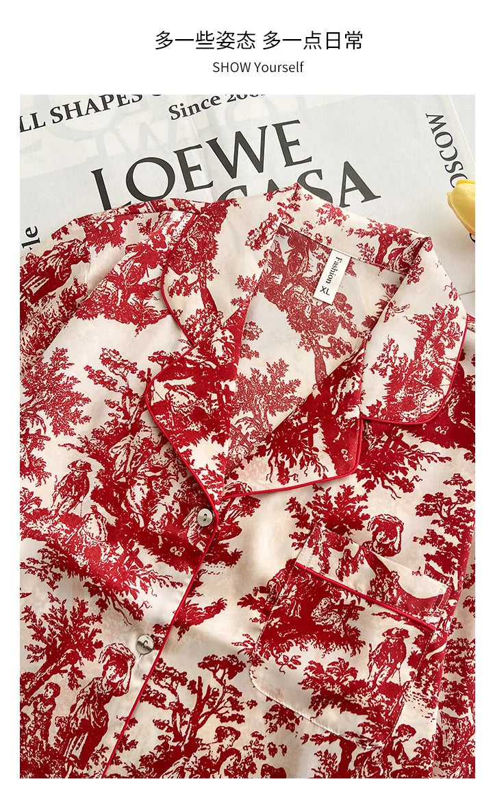 Conjunto de Pijama Floral - Set de 2 Piezas con Cuello Solapa y Pantalón Largo de Satén
