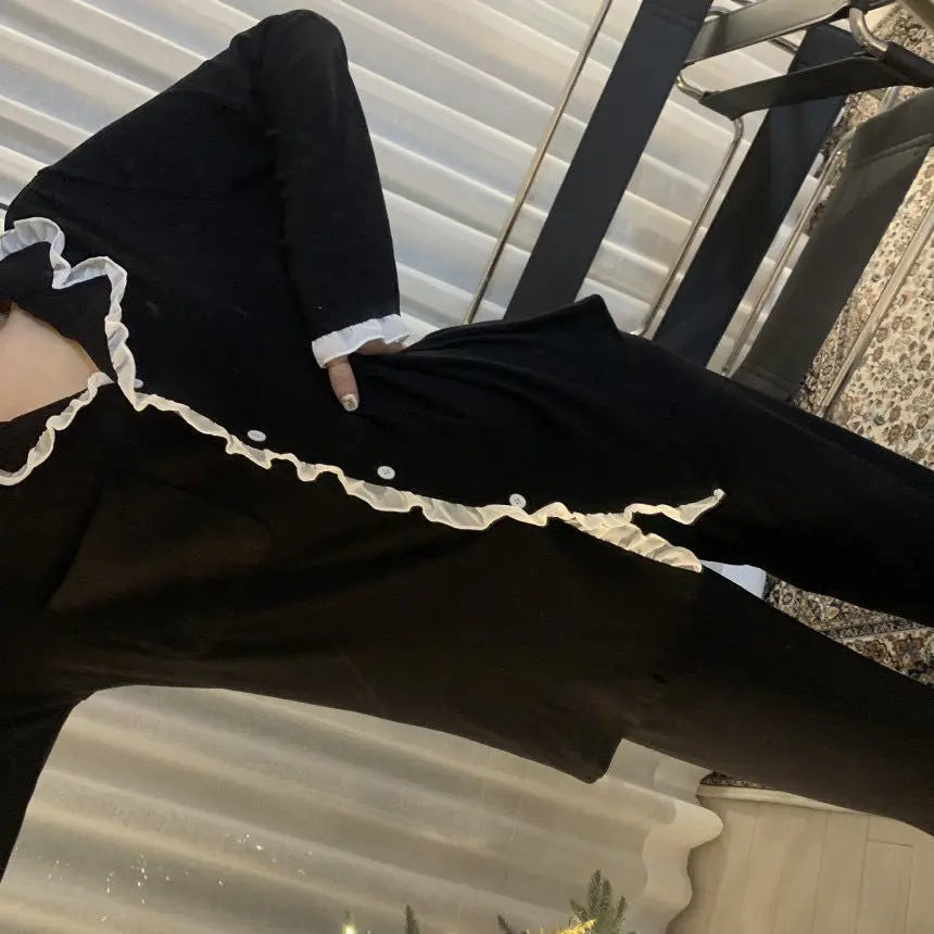 Conjunto de Pijama de 2 Piezas con Cuello Vuelto - Set de Manga Larga y Pantalón Largo Clásico