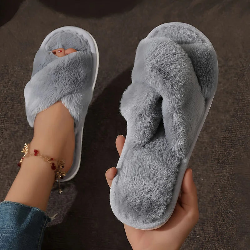 Pantuflas de Pelaje Sintético con Correas Cruzadas - Sandalias de Felpa Cálidas para Casa