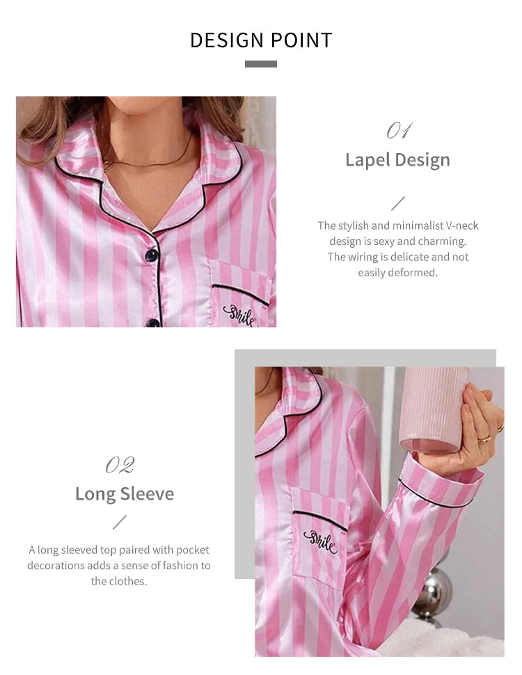 Conjunto de Pijama de Satén a Rayas - Set con Botones, Cuello Solapa y Pantalón Largo