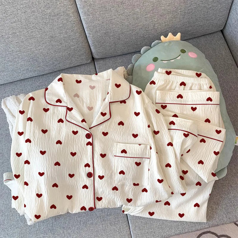 Conjunto de Pijama Estilo Cárdigan - Set de 2 Piezas con Cuello Solapa y Pantalón Largo