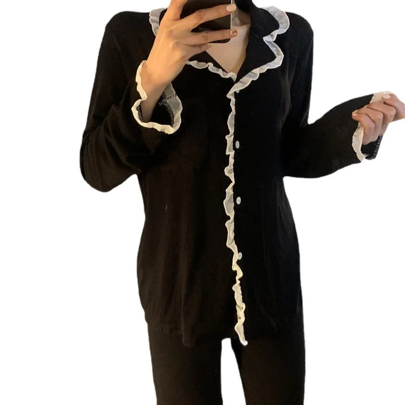 Conjunto de Pijama de 2 Piezas con Cuello Vuelto - Set de Manga Larga y Pantalón Largo Clásico