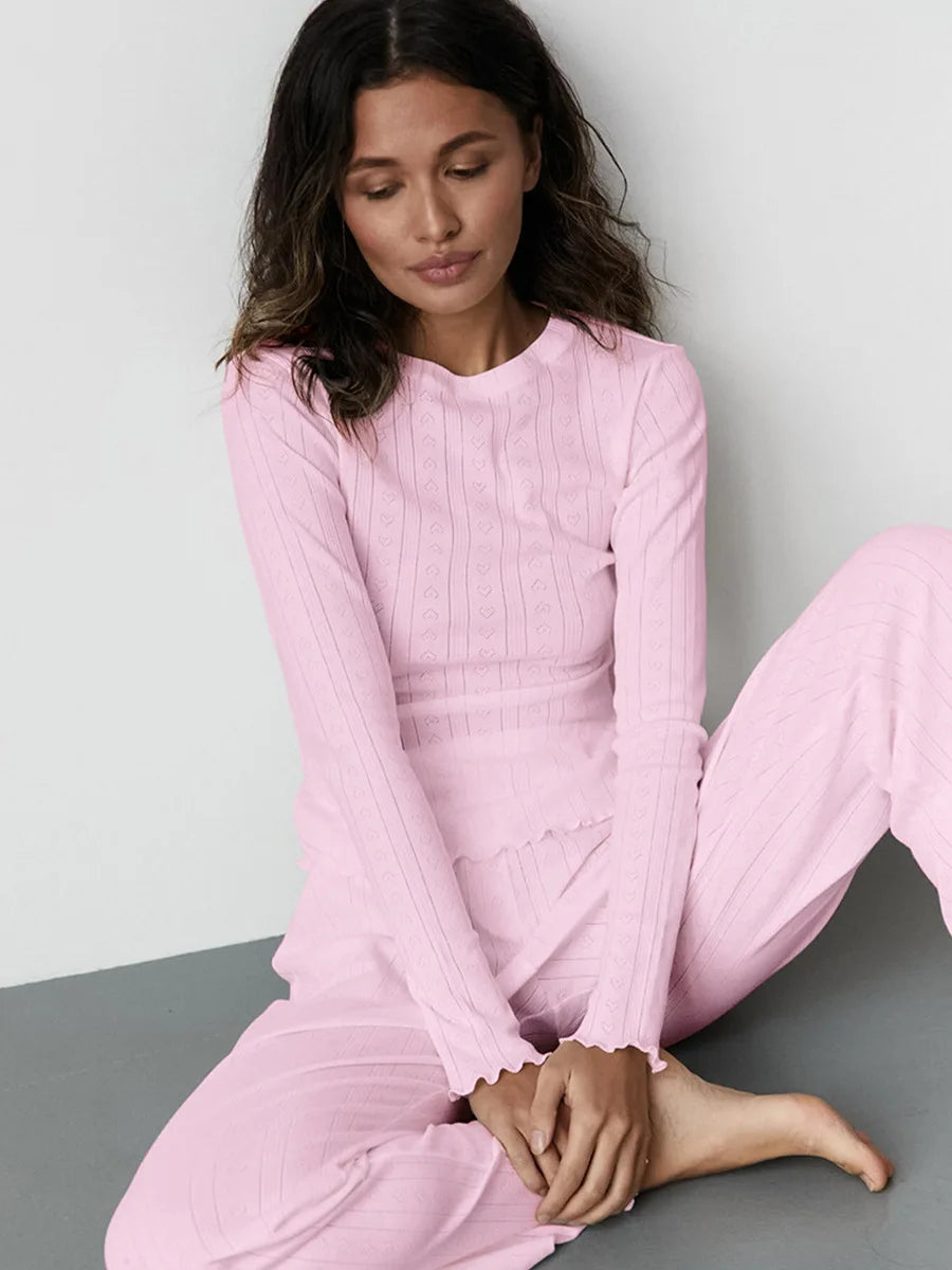 Conjunto de Pijama de Algodón con Diseño Jacquard - Set de Manga Larga y Pantalón Largo