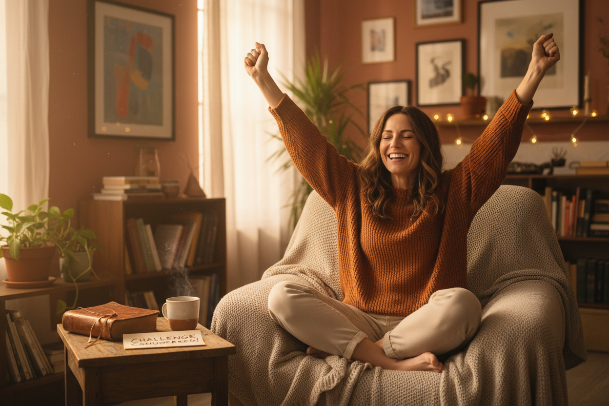 cumplir un desafío. Mujer feliz en un ambiente cómodo 
