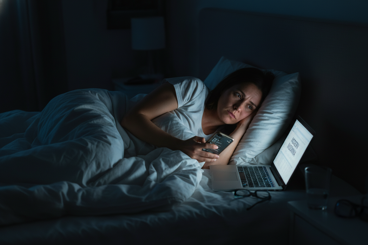 foto de mujer real que le afecta para dormir estar tan rodeada de pantallas y luz 