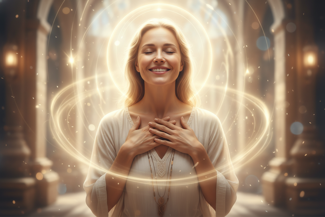 mujer feliz recibiendo regalo espiritual 